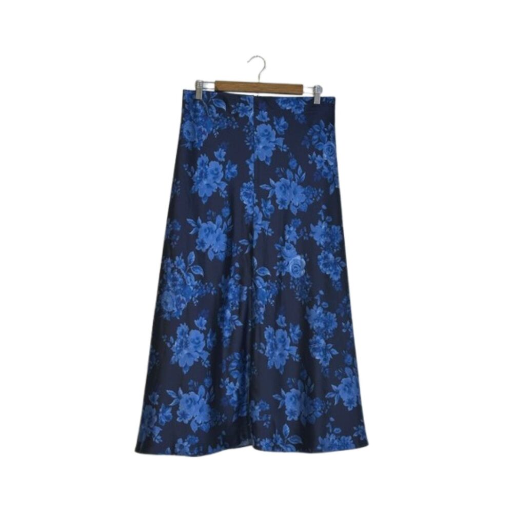 Talbots Floral Satin Maxi Skirt Womens 8 Petite Zip Fairy Romantic Garden Blue
